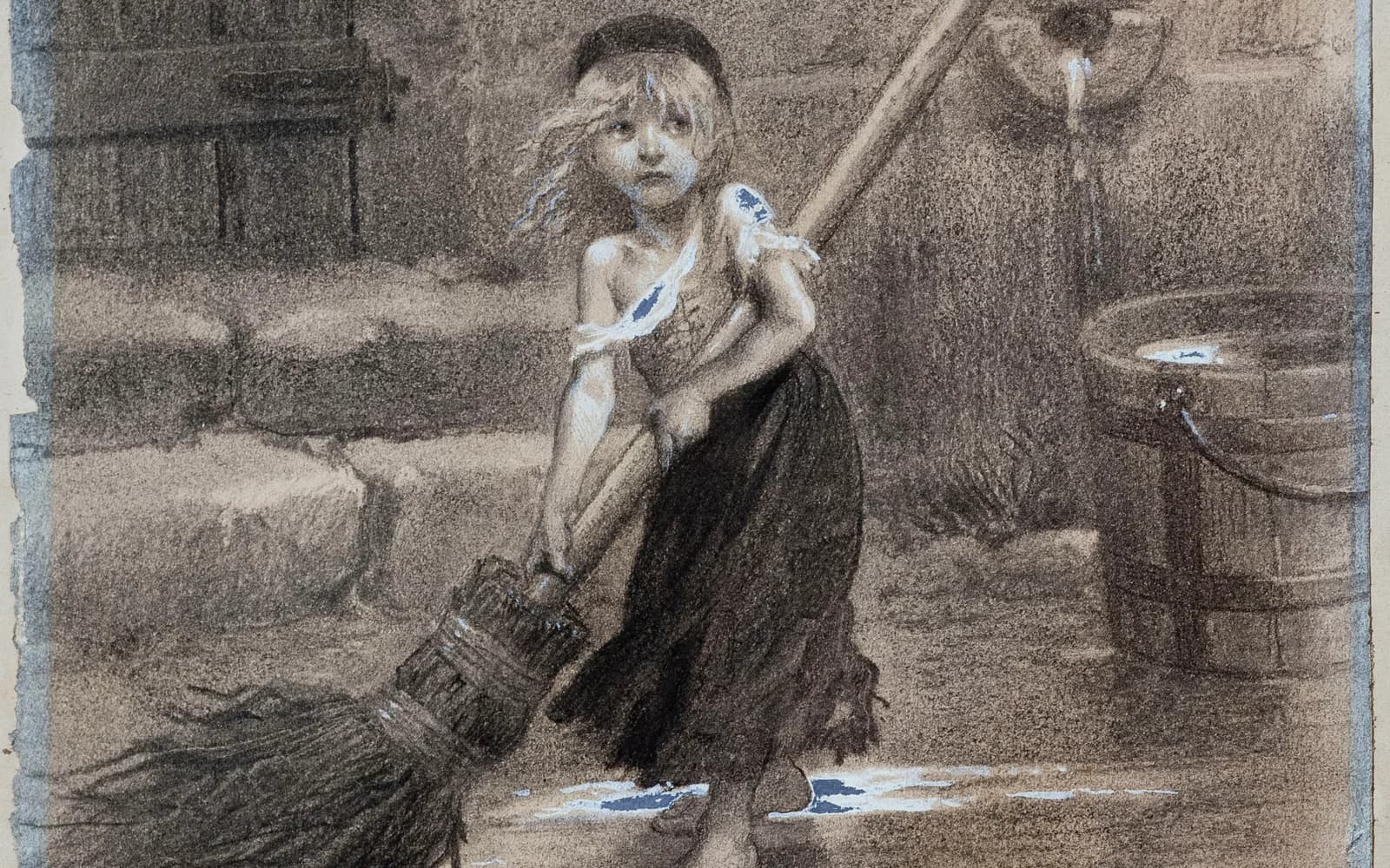 Émile Bayard's 1862 drawing of the child Cosette in rags, gripping a broom taller than she is, standing barefoot in a wet inn yard