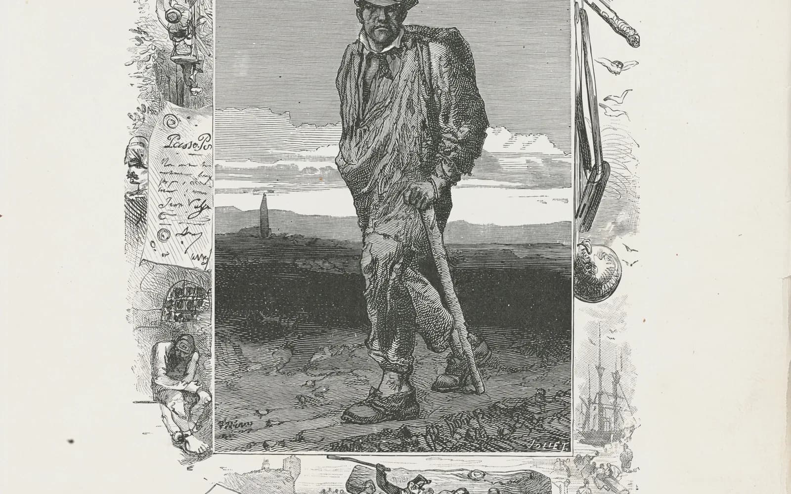 Gustave Brion's 1862 plate of Jean Valjean on the road, a staff in his hand and a pack on his shoulder, set inside a decorated border of scenes from the novel