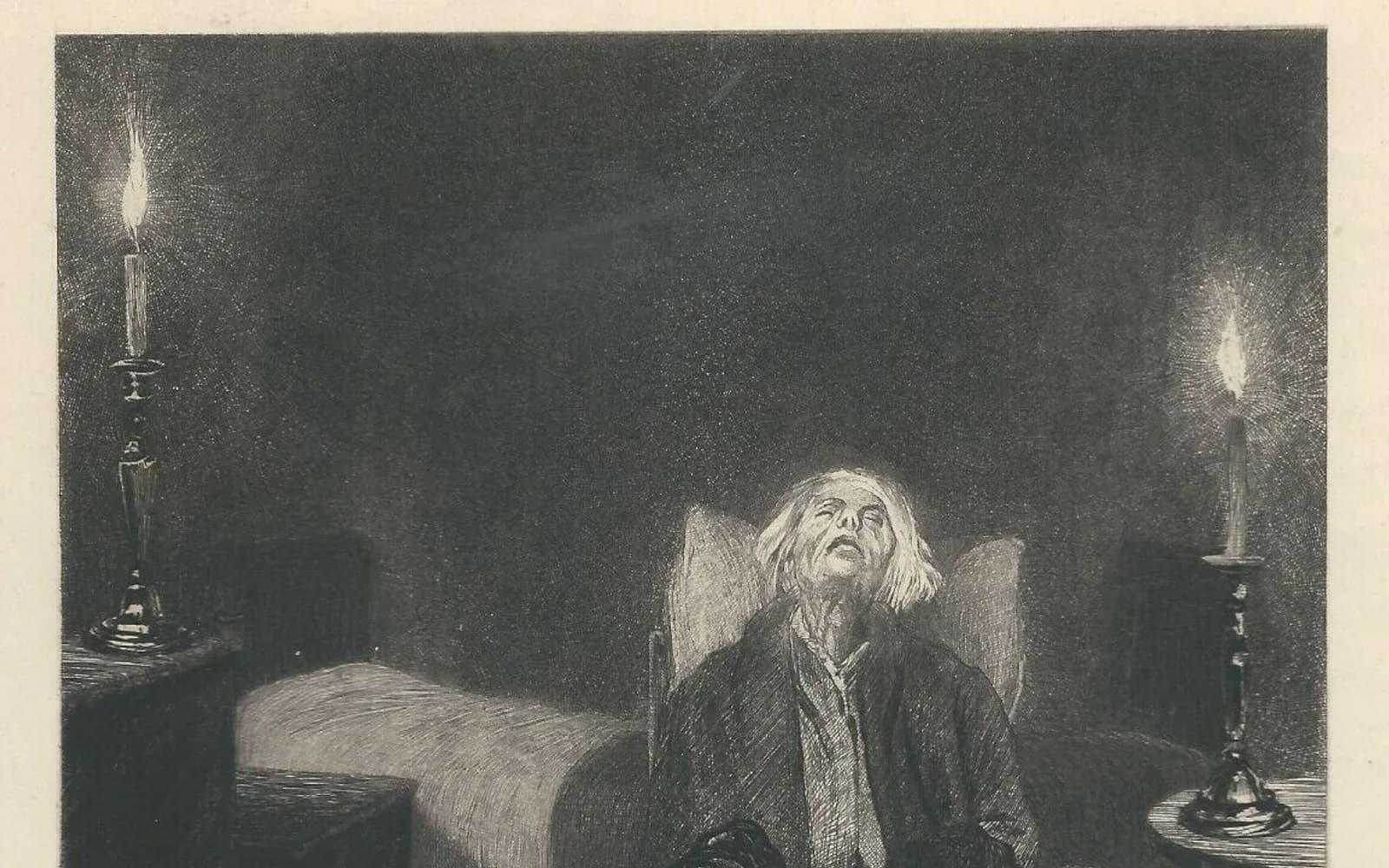 An 1891 engraving of Jean Valjean dying in bed between two lit silver candlesticks, his face turned upward in a dark room