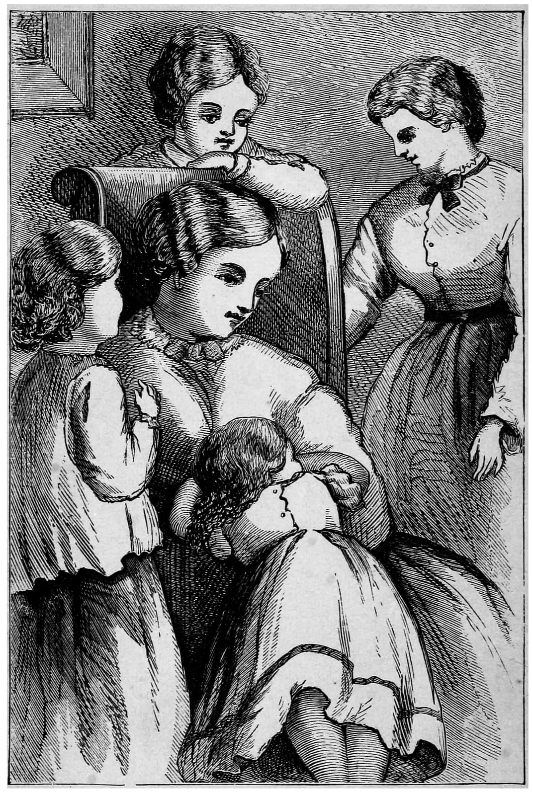 May Alcott's 1869 frontispiece to Little Women: Marmee seated in a high-backed chair with the four March sisters gathered around her, one leaning on the chair back and one seated on the floor at her knee
