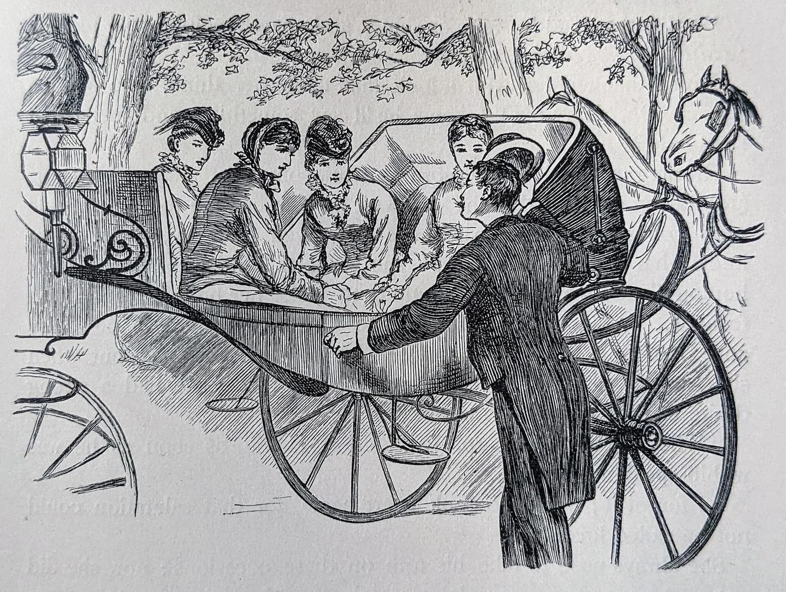 Frank T. Merrill's 1880 engraving of four young women seated in an open carriage under trees while a young man in a long coat leans in at the side, the plate that opens the chapter in which Laurie proposes