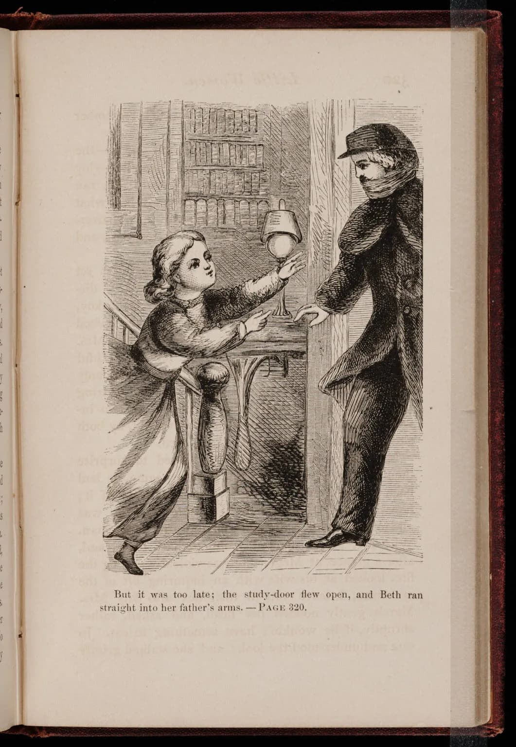 A page from an early edition of Little Women showing May Alcott's illustration of Beth reaching out to her father in the doorway of his study, a lamp on the table between them, captioned "Beth ran straight into her father's arms"