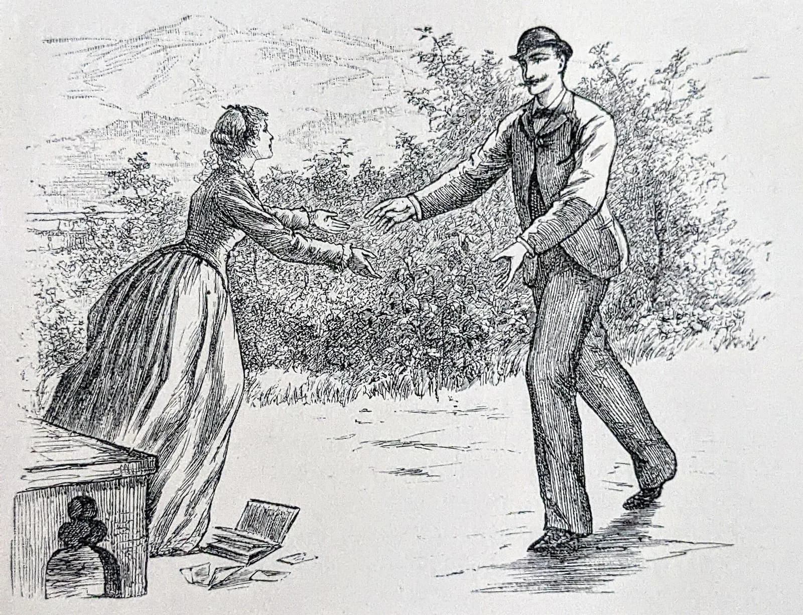 Frank T. Merrill's 1880 engraving of Amy, in a wide skirt, reaching out both hands to Laurie, who is walking toward her in a bowler hat, on a lakeside path with mountains behind them