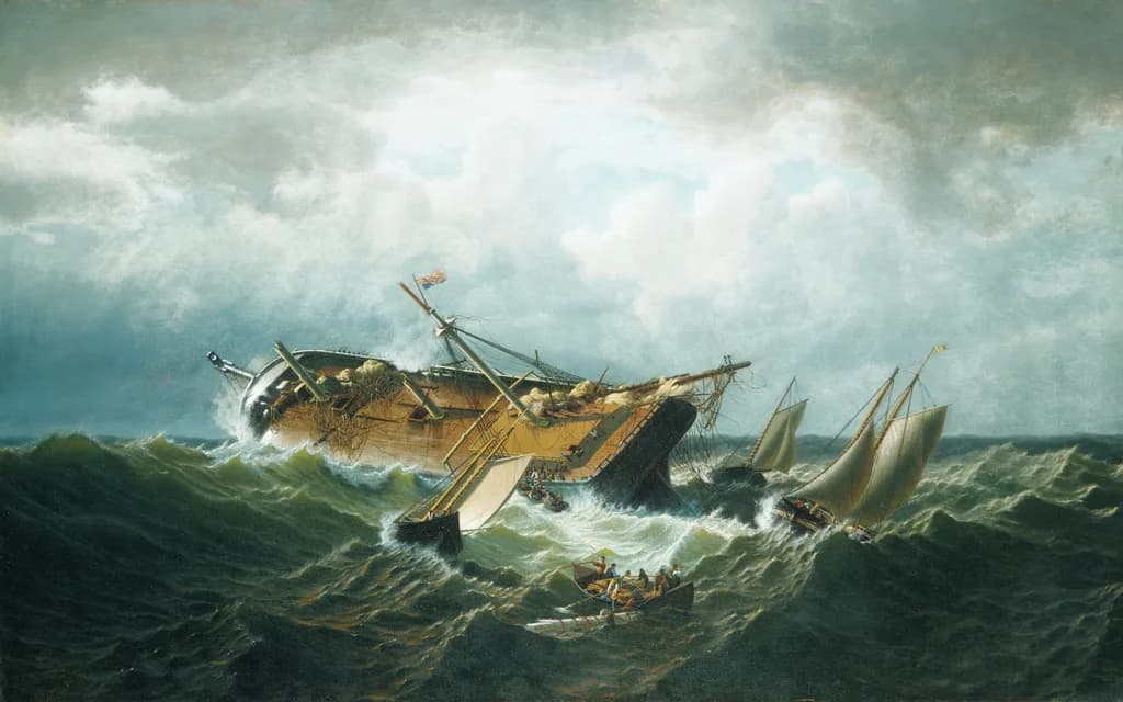 William Bradford's painting of a dismasted ship wrecked in heavy seas off Nantucket, with small boats alongside