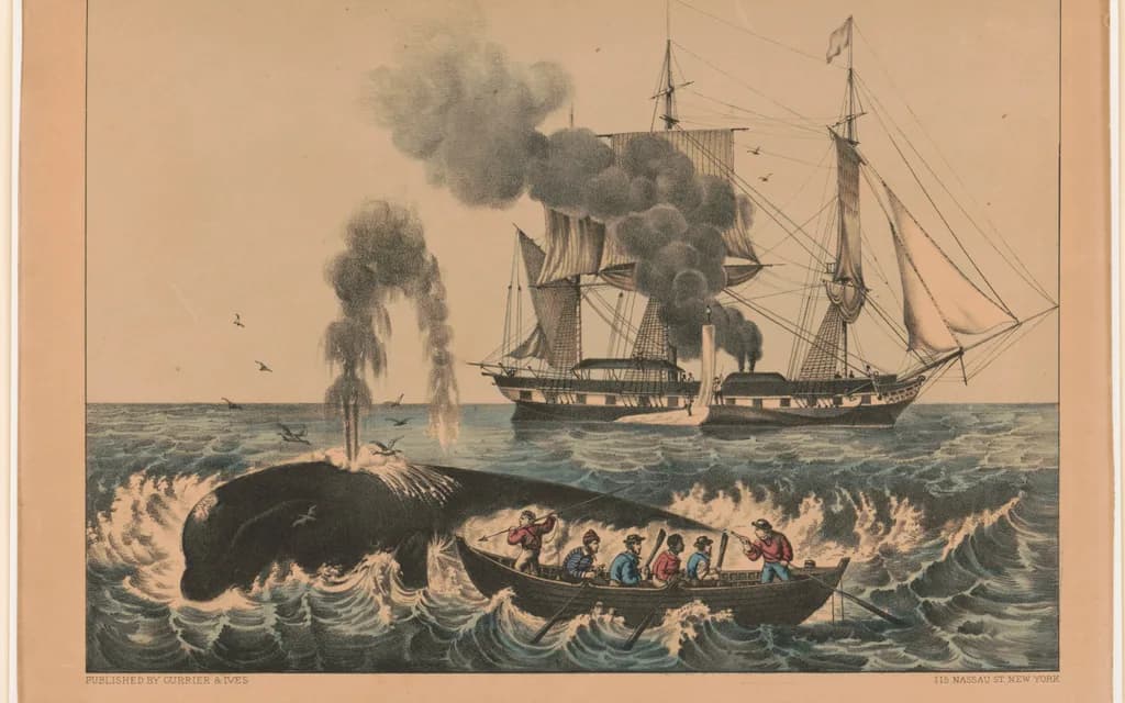 A Currier & Ives lithograph of a whaleboat crew lancing a right whale in heavy seas, with their ship behind them