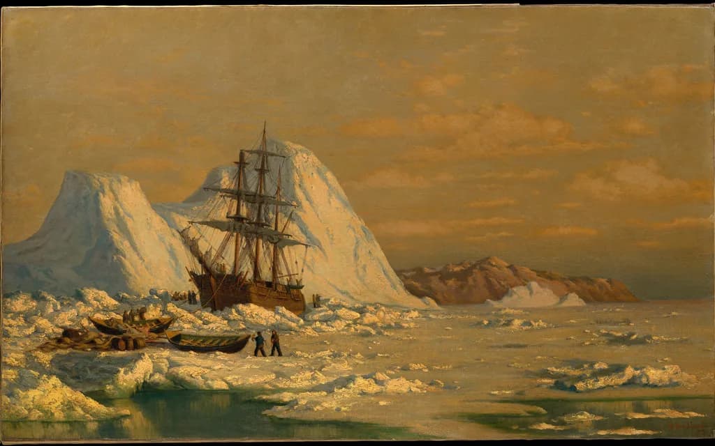 William Bradford's painting of a whaling ship held among Arctic ice at sunset, with boats and men out on the floe