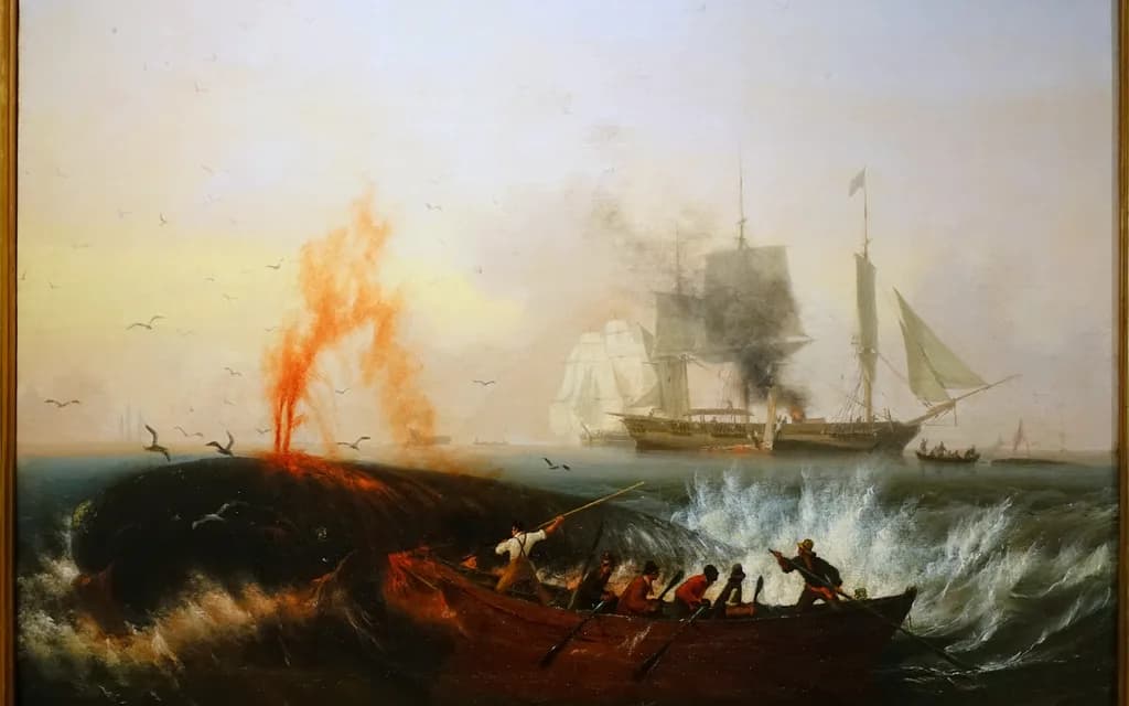 Ambroise Louis Garneray's painting of whaleboats lancing a right whale beside a whaling ship, blood in the spout