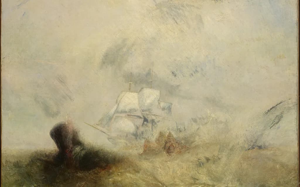 J. M. W. Turner's painting Whalers, a whaling ship half dissolved in pale spray with a dark whale in the foreground