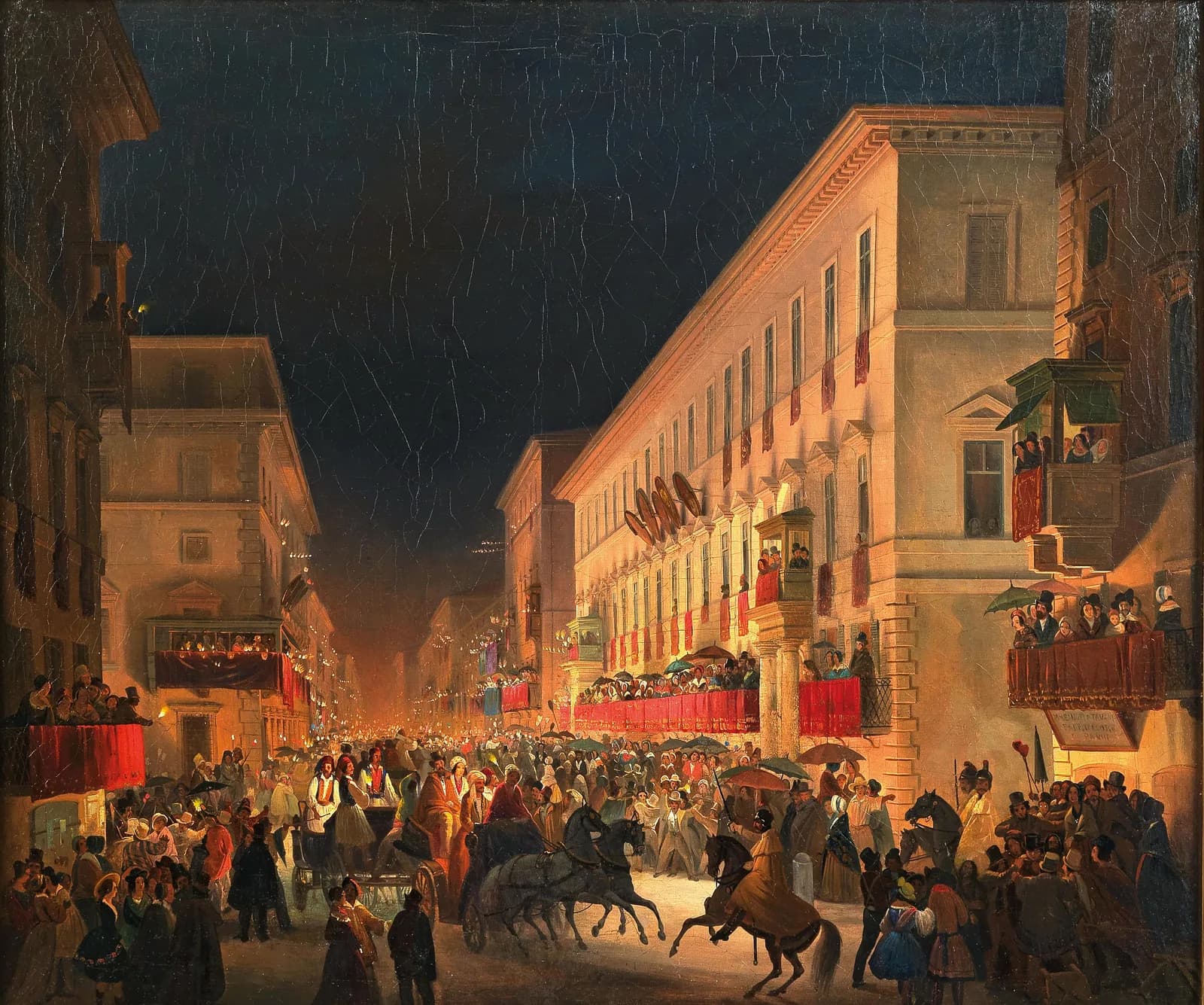 Ippolito Caffi's night painting of the Roman Carnival: a torchlit crowd filling the Corso, carriages and a rearing horse in the foreground, tall façades on the right hung with red cloth and packed balconies