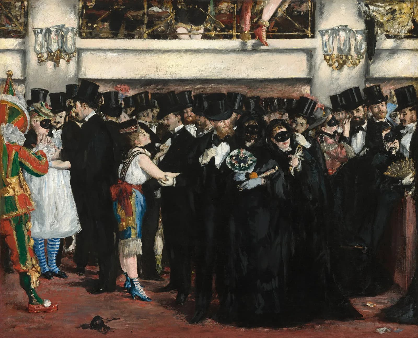 Manet's painting of a masked ball at the Paris Opera: a dense crowd of men in black tailcoats and top hats pressed shoulder to shoulder, several women in eye masks and dark hooded cloaks among them, a balcony above