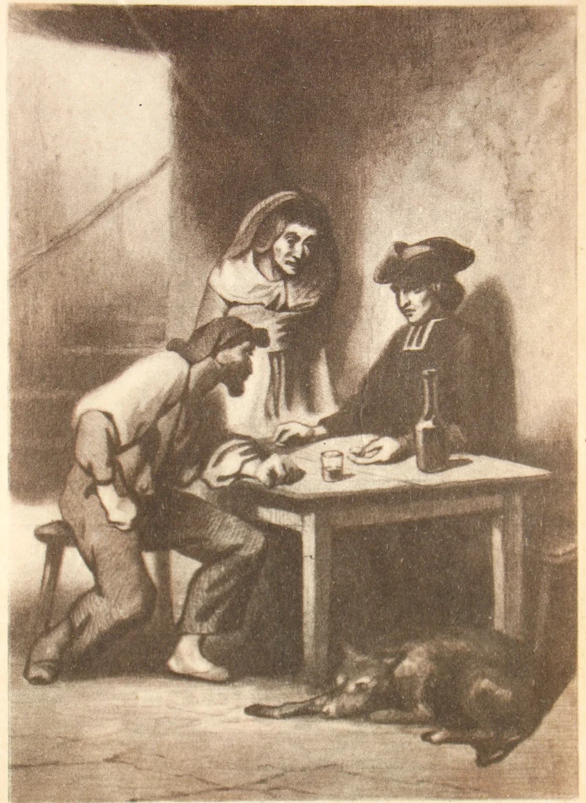 A sepia illustrated-edition plate of an inn interior: a man leaning across a plank table, a woman in a headscarf standing behind him, a seated man in a broad hat opposite, a bottle and glass between them and a dog asleep on the flagstones