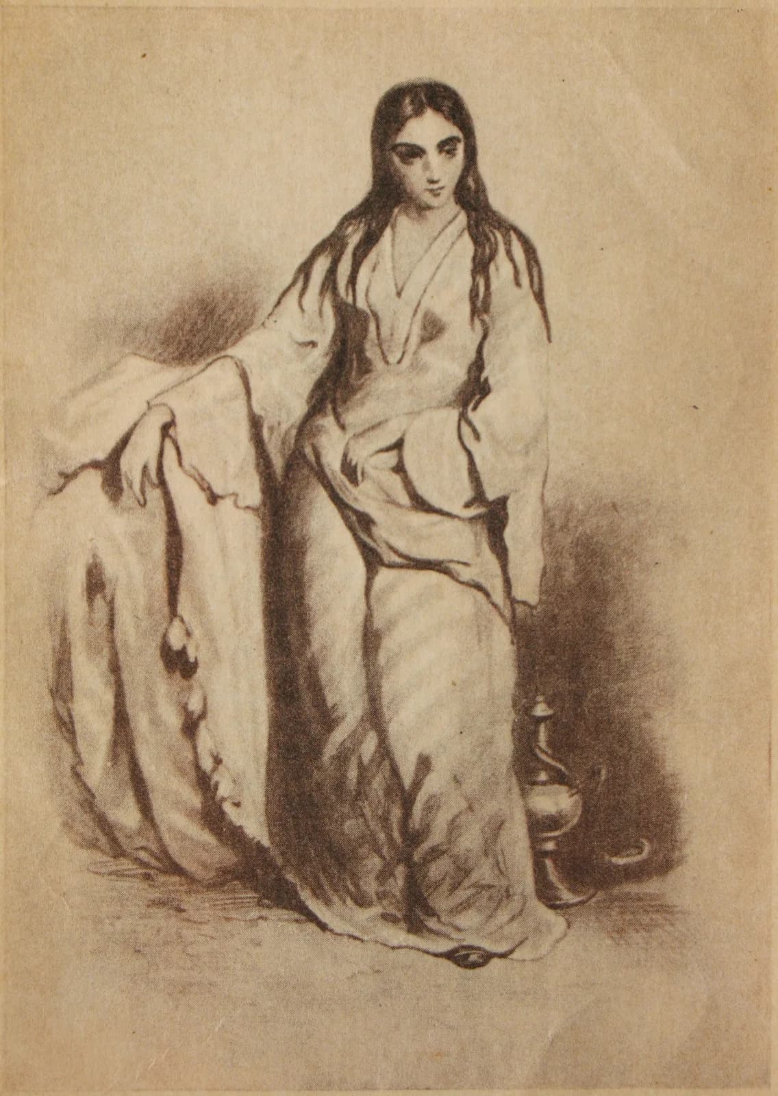 A sepia illustrated-edition plate of Haydée: a young woman with long dark hair seated in loose pale robes, one arm resting on a draped cushion, an ornate metal ewer standing on the floor beside her