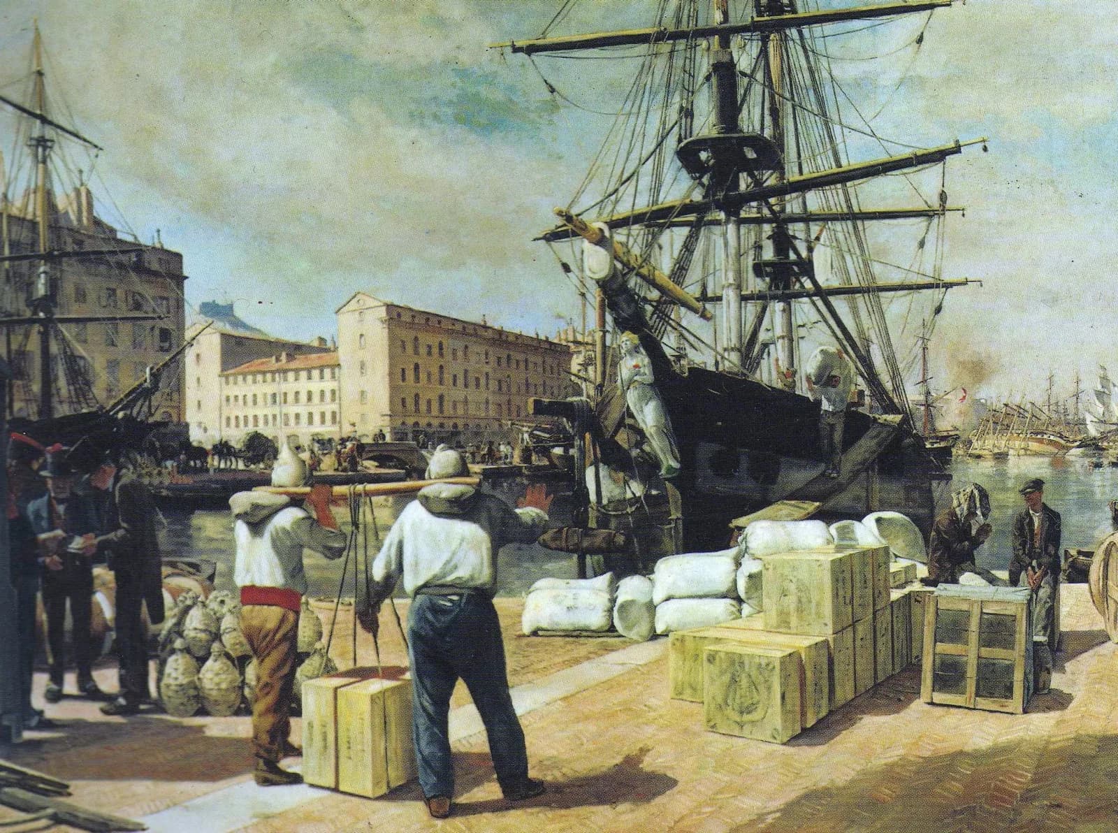 A 19th-century painting of the Marseille quayside: a two-masted sailing brig moored against the stone dock, dockers in shirtsleeves carrying crates and bales slung from poles, tall harbour buildings and further masts behind them