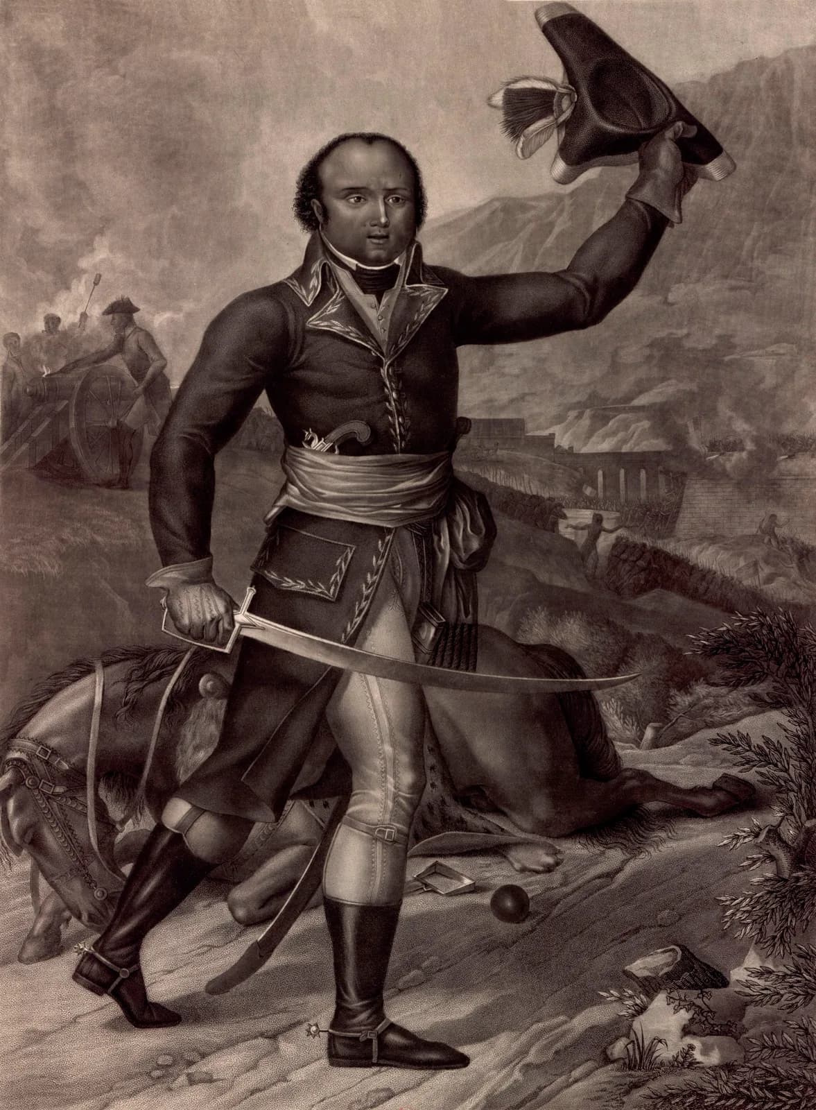 A period print of General Thomas-Alexandre Dumas standing on a battlefield in a dark Republican officer's uniform and pale sash, raising his plumed bicorne in one hand and holding a curved sabre in the other, a fallen horse behind him