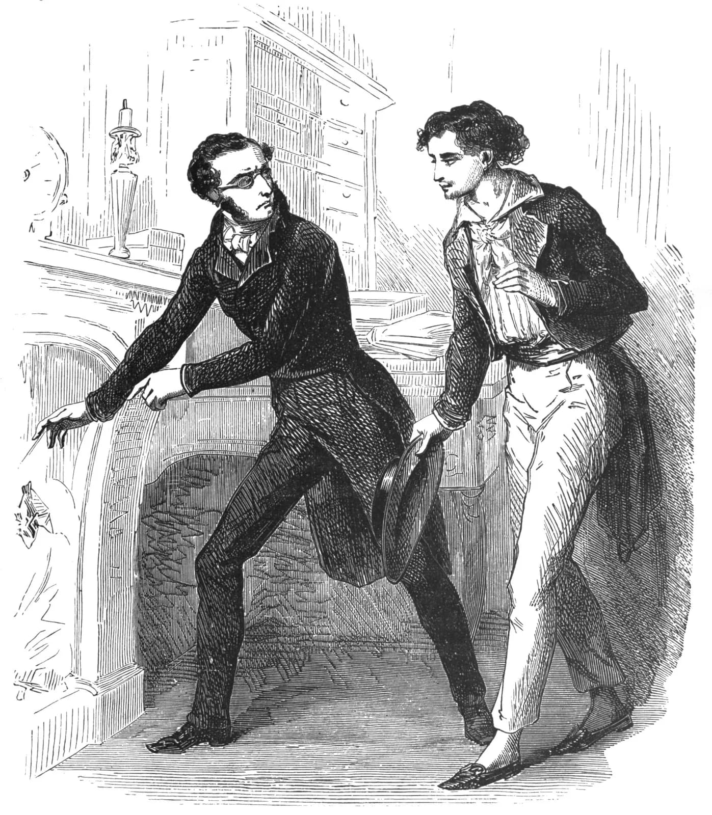 A black-and-white engraving from an 1888 edition of The Count of Monte Cristo showing Villefort at a fireplace dropping the letter into the flames while Dantès stands watching