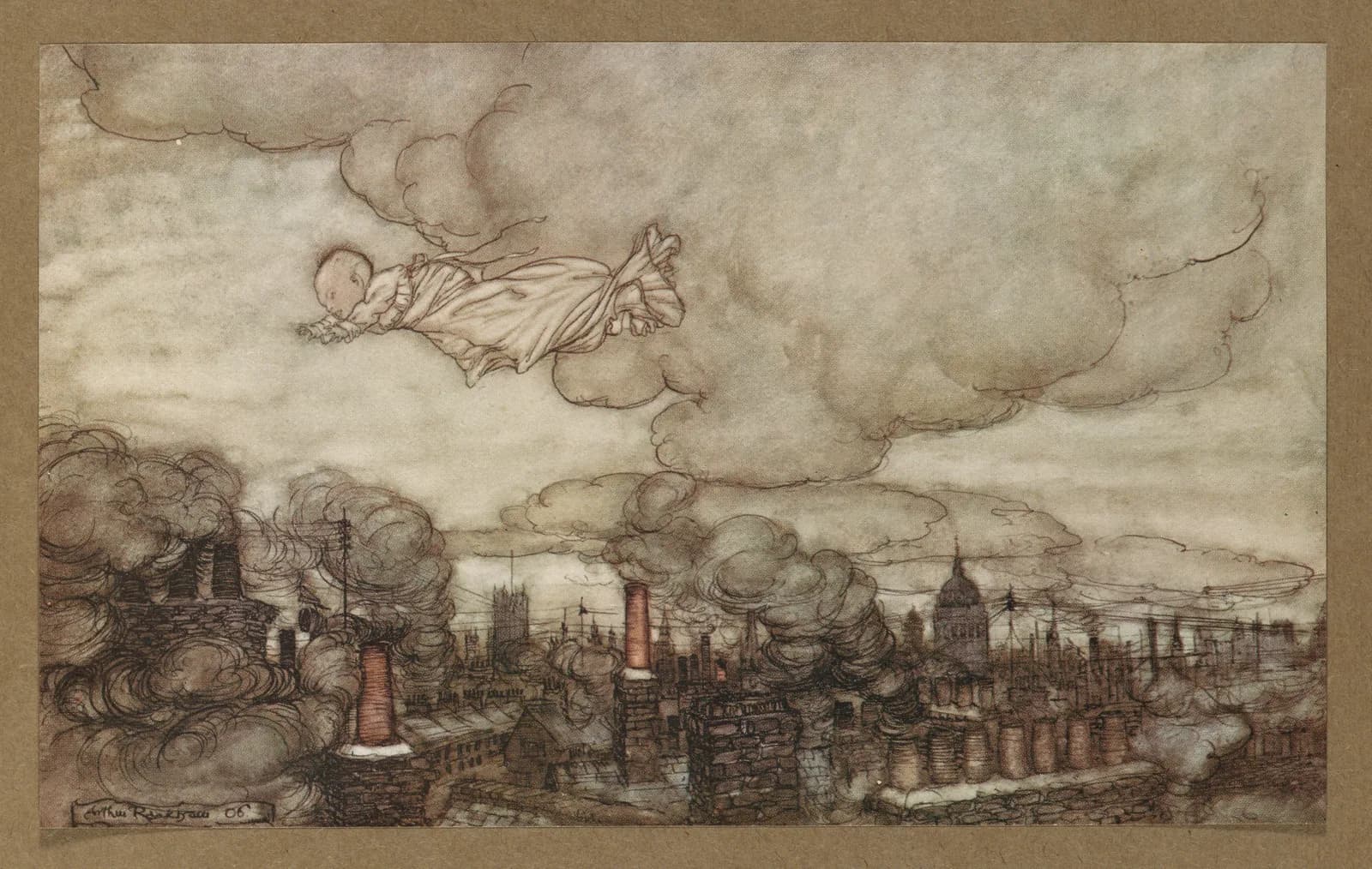 Arthur Rackham's 1906 watercolour “Away he flew”: an infant Peter Pan in a white nightgown flying above the smoking chimney pots and rooftops of London