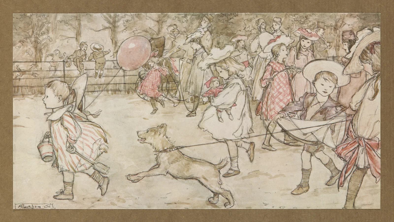 Arthur Rackham's 1906 watercolour “In the Broad Walk”: Edwardian children in coats and hats crossing a path in Kensington Gardens, a dog running through the middle of them