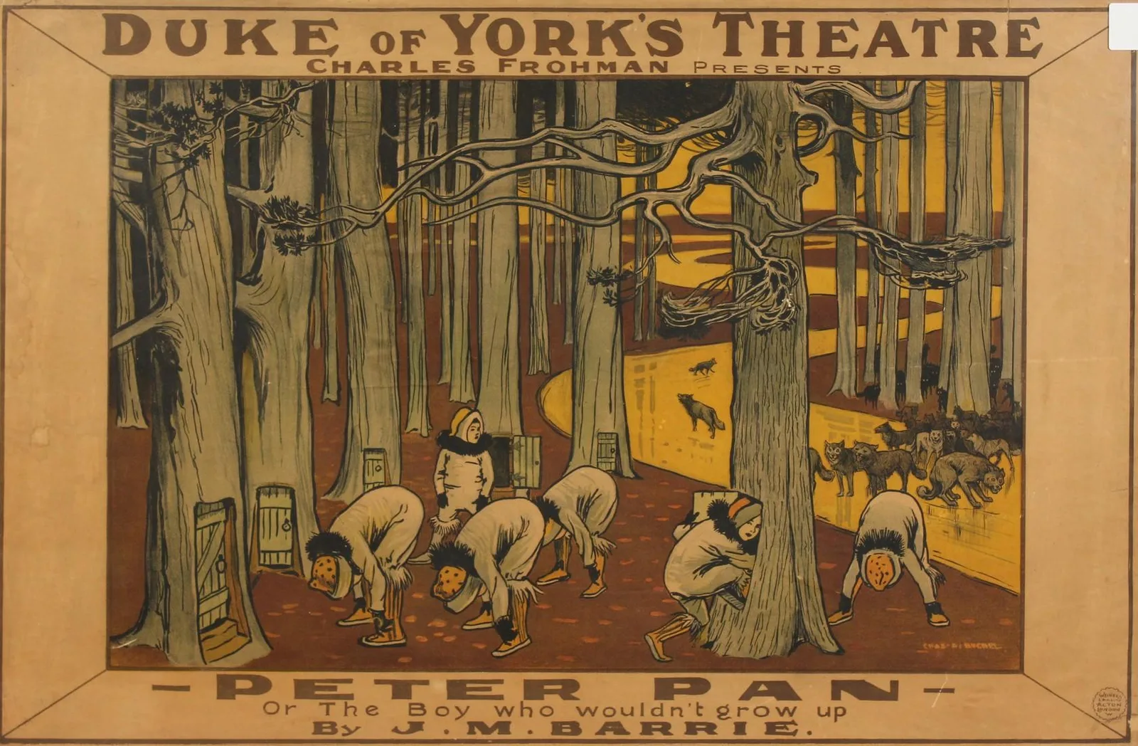 Charles A. Buchel's Duke of York's Theatre poster for the original Peter Pan stage production: the Lost Boys in animal skins crouching among tall trees while wolves circle behind them