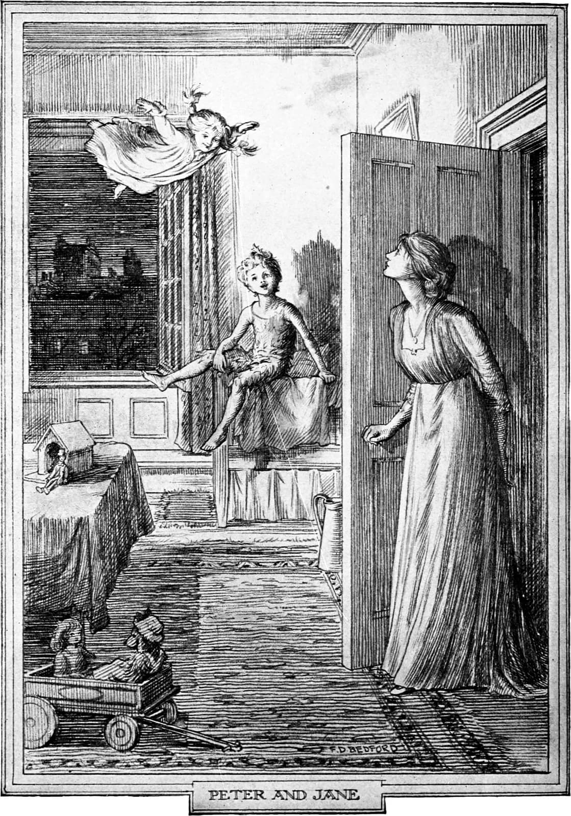F. D. Bedford's 1911 plate “Peter and Jane”: a grown Wendy standing in the nursery doorway while Peter sits on the bed and her daughter Jane flies above the window