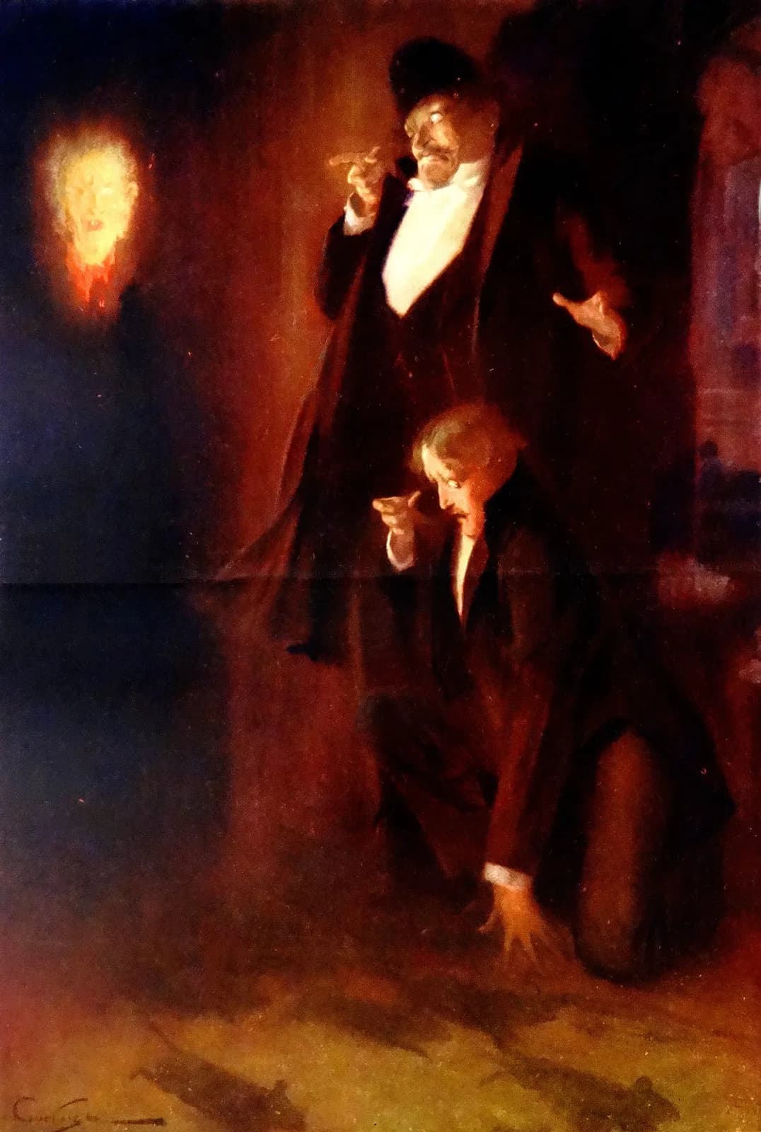 Andre Castaigne's 1911 illustration for the novel: two men in evening dress in a dark cellar, one of them on his knees, staring at a disembodied burning face glowing in the blackness beside them