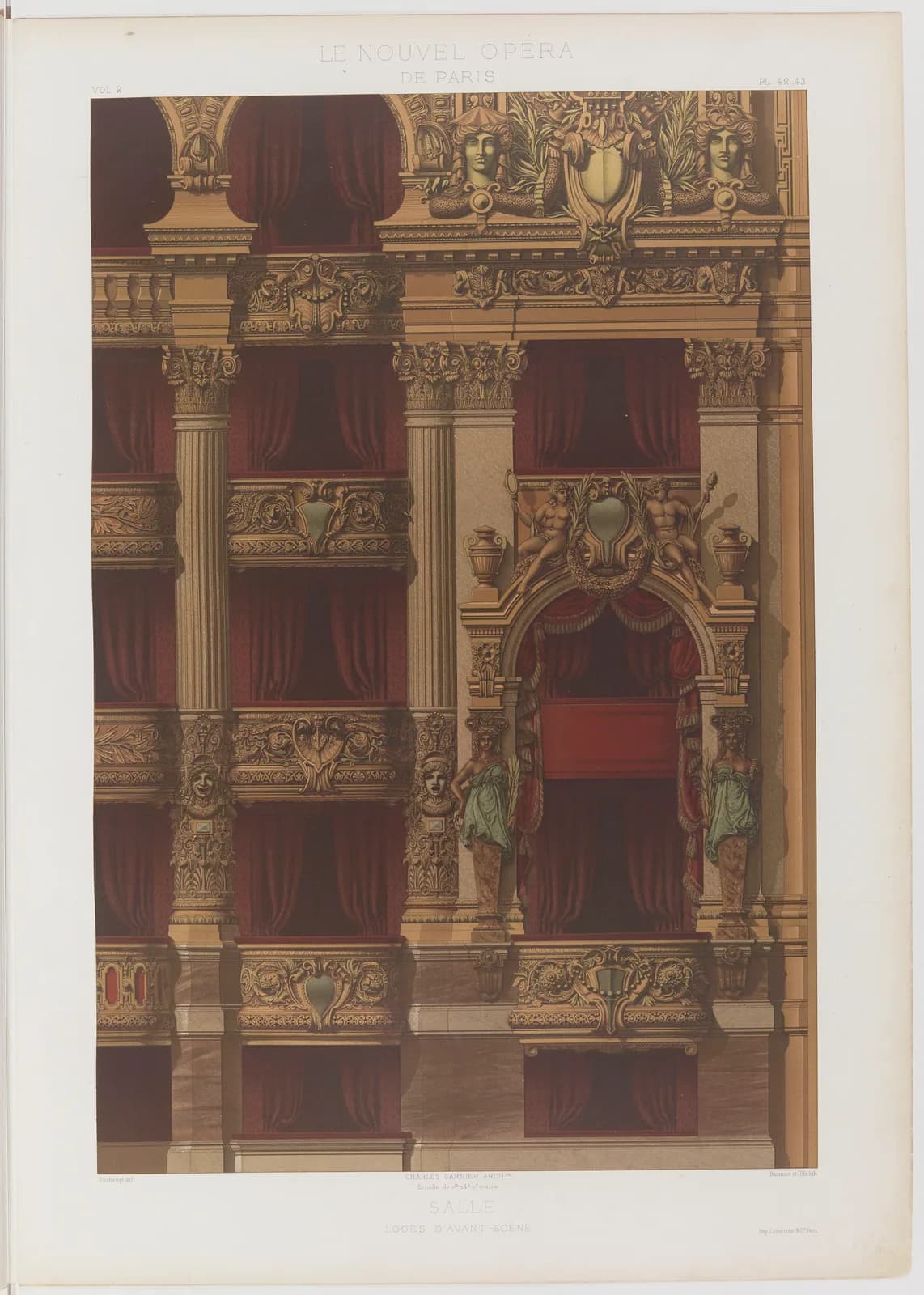 Charles Garnier's own 1880 chromolithograph of the Paris Opera auditorium's proscenium boxes, tiers of gilded balconies behind heavy red curtains, from his plate volumes on the building he designed