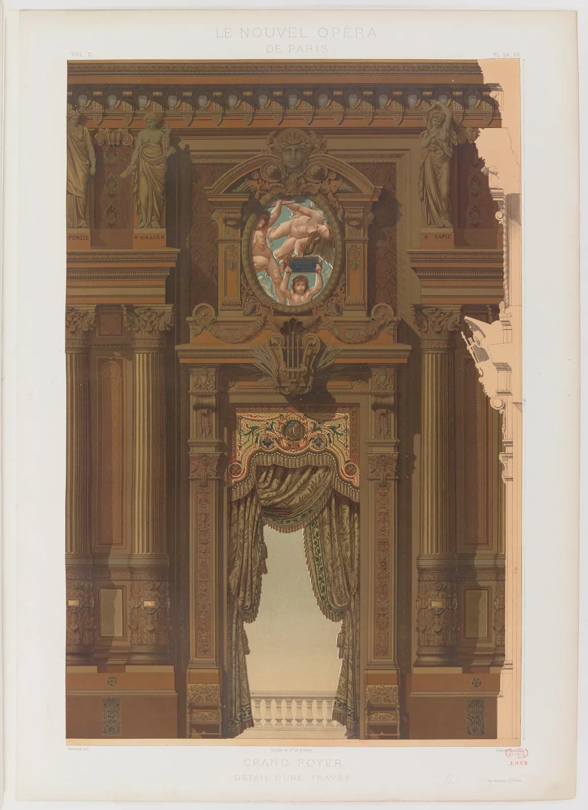 Charles Garnier's own 1880 chromolithograph of one bay of the Paris Opera's grand foyer, a gilded doorway under a painted oval ceiling panel, with draped curtains and carved figures on either side
