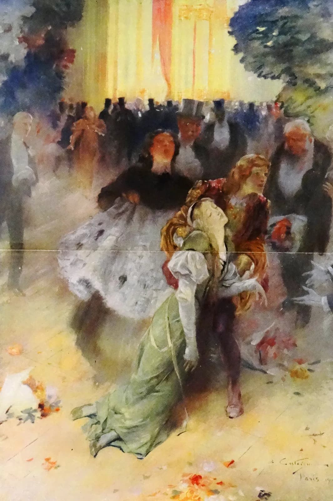 Andre Castaigne's 1911 illustration for the novel: a masked-ball crowd in the opera lobby recoiling as a young woman in a pale green dress collapses, top-hatted figures behind her and confetti across the floor