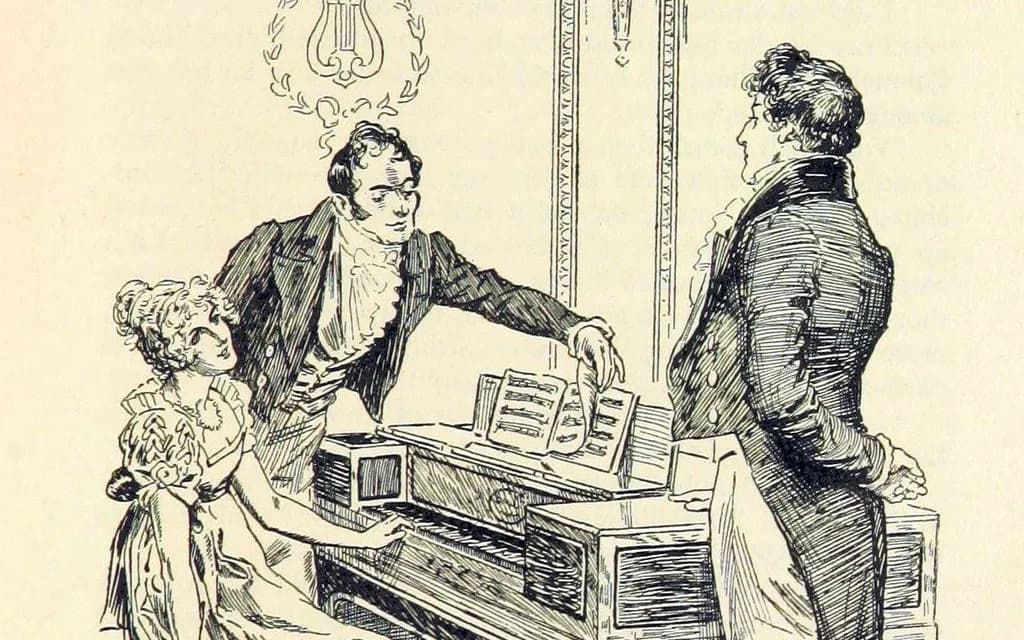 C. E. Brock's 1895 illustration of Elizabeth Bennet at the pianoforte at Rosings, with Darcy standing where he can watch her