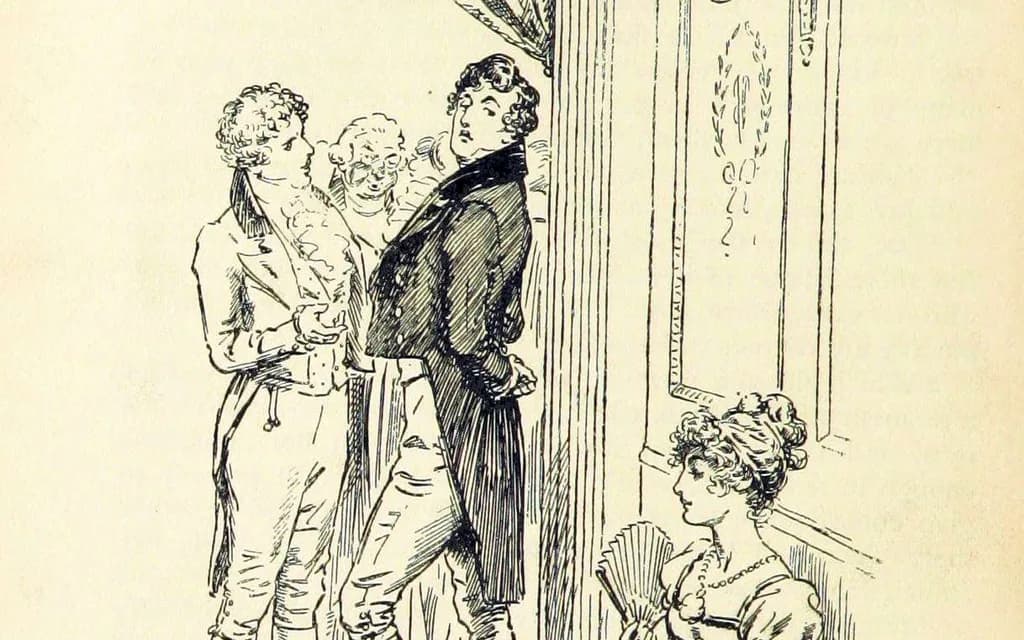 C. E. Brock's 1895 illustration of the Meryton assembly, with Darcy turning away from the seated Elizabeth Bennet
