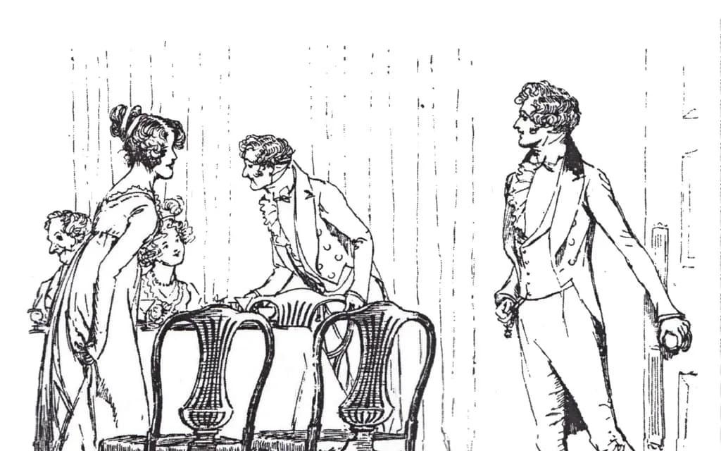 Hugh Thomson's 1894 illustration of the Longbourn drawing room with the Bennets and their guests