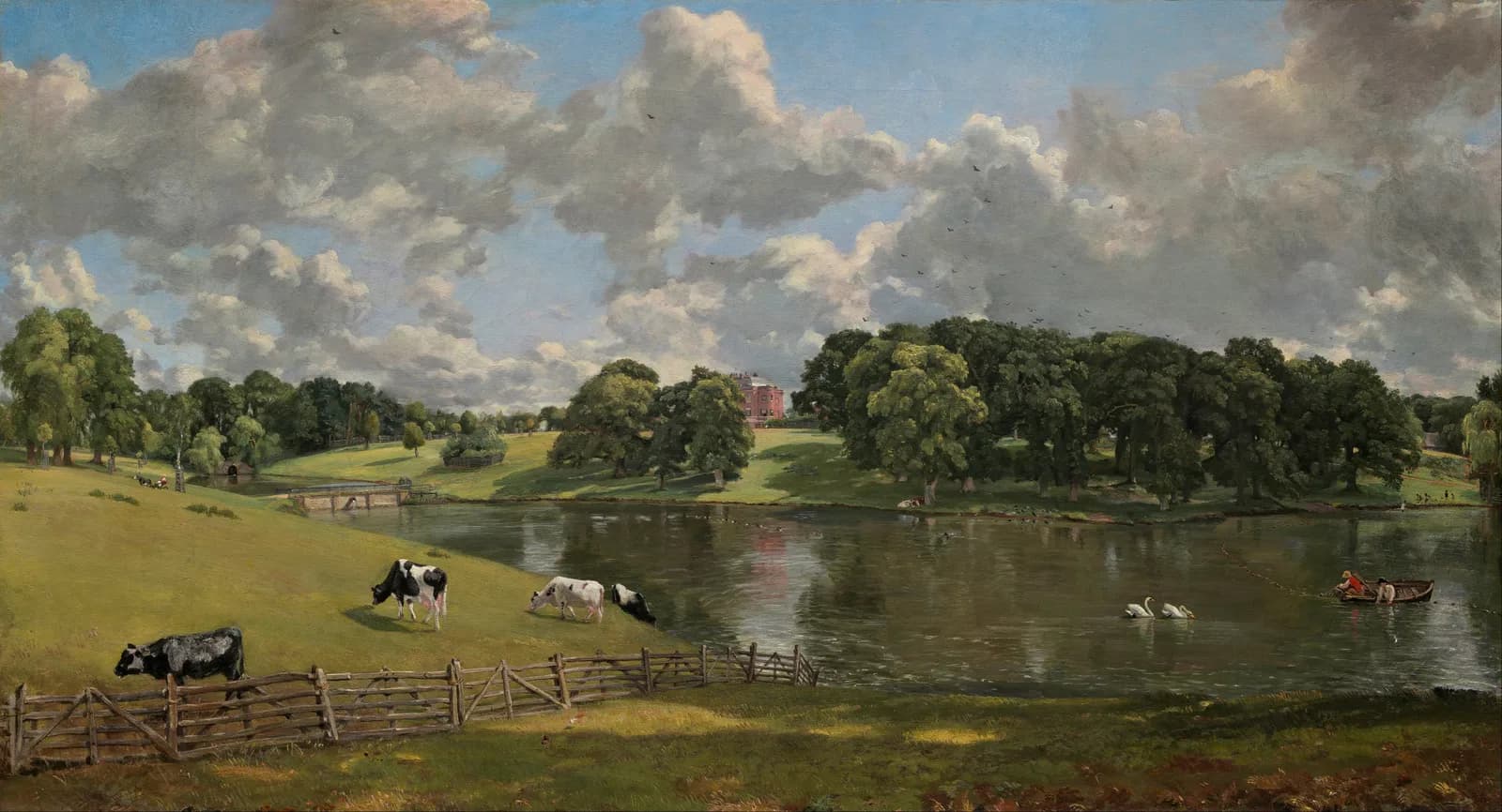 A wide painting of an English country estate with a lake, grazing cows, a wooden fence and a large house among trees under a sky full of white clouds