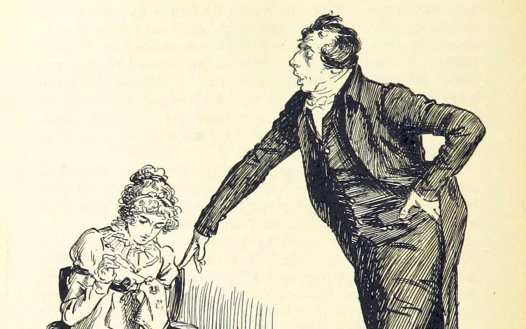 C. E. Brock's 1895 illustration of Mr Collins leaning over the seated Elizabeth Bennet as he proposes