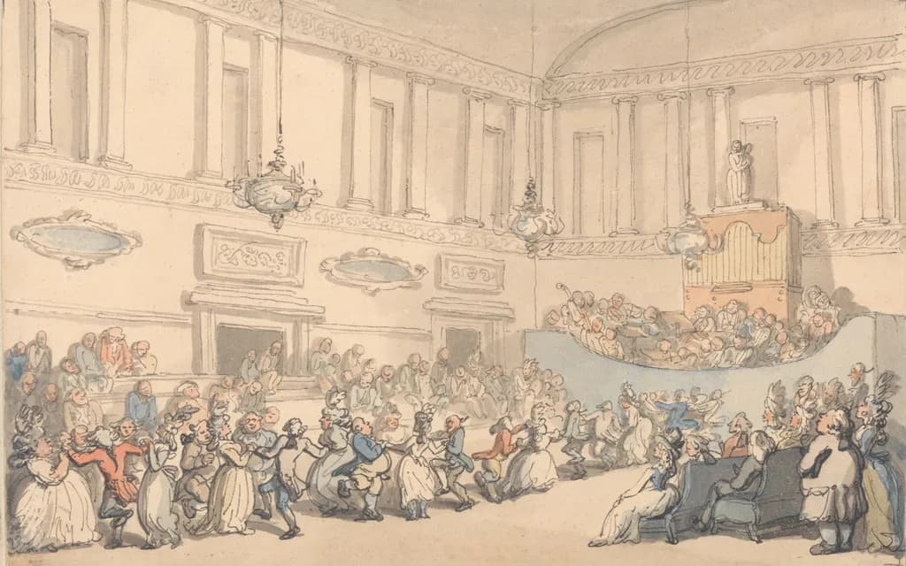 Thomas Rowlandson's 1798 watercolour of a crowded ball in the Bath Assembly Rooms, couples dancing under the chandeliers