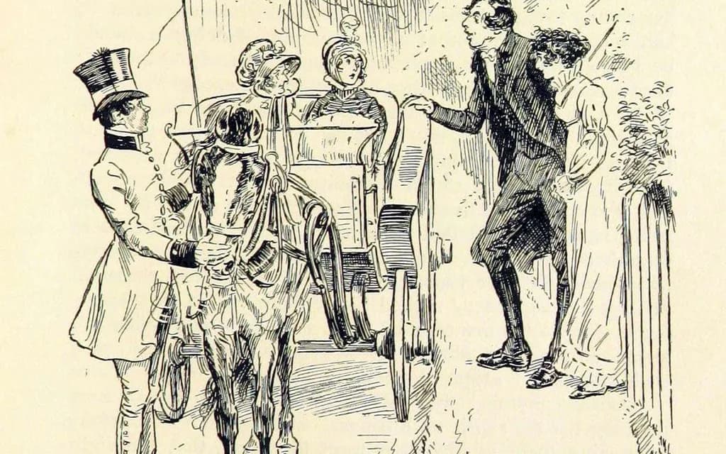 C. E. Brock's 1895 illustration of Mr Collins and Charlotte at the gate of the Hunsford parsonage, greeting a carriage
