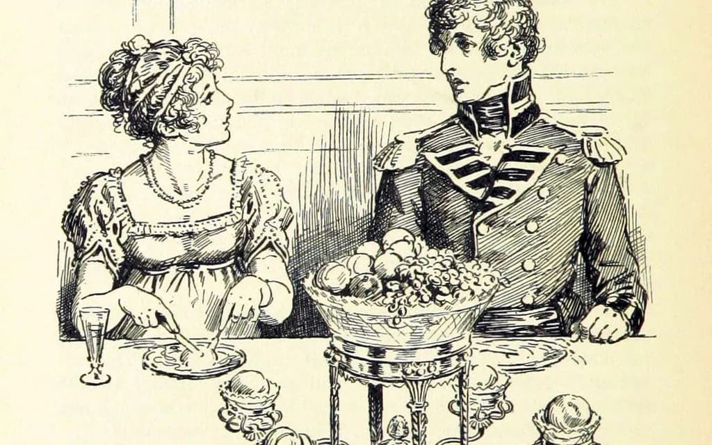C. E. Brock's 1895 illustration of George Wickham in regimentals looking startled across a table
