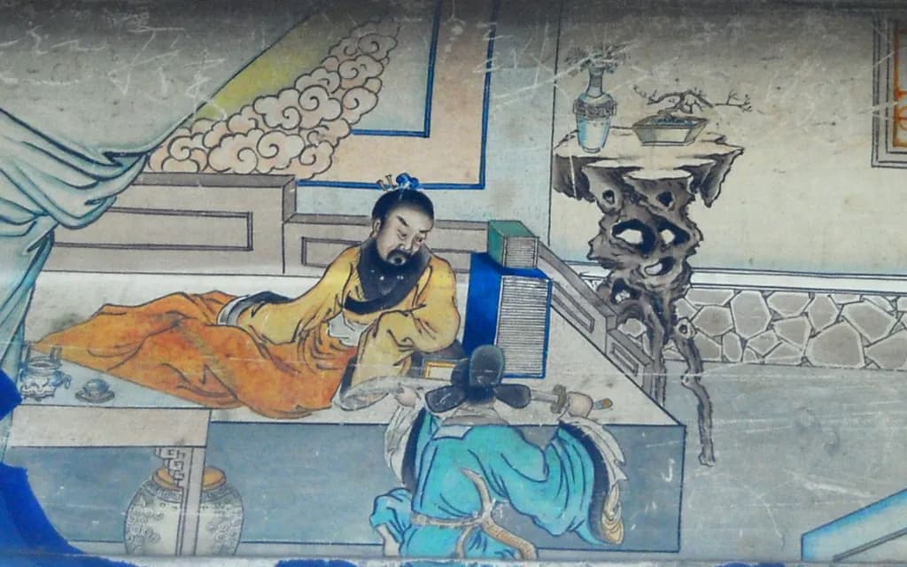 A painted panel on the Long Corridor of the Summer Palace showing Cao Cao kneeling at Dong Zhuo's bedside with the dagger