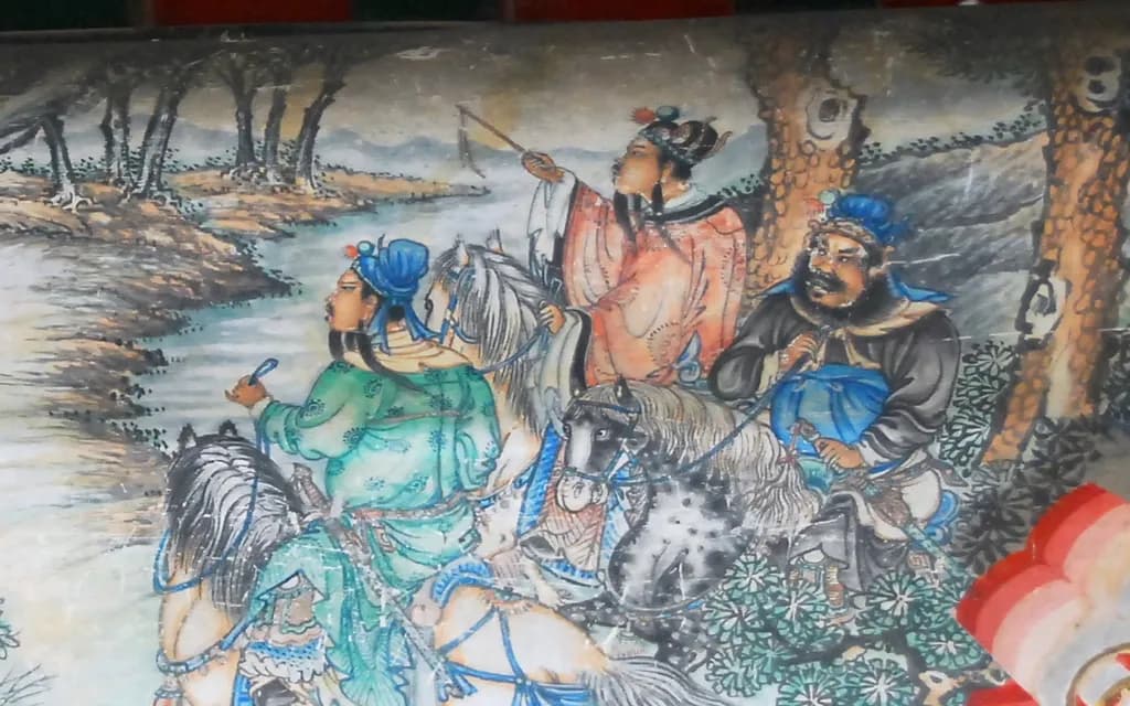 A painted panel on the Long Corridor of the Summer Palace showing Xu Shu recommending Zhuge Liang to Liu Bei, with Guan Yu and Zhang Fei alongside