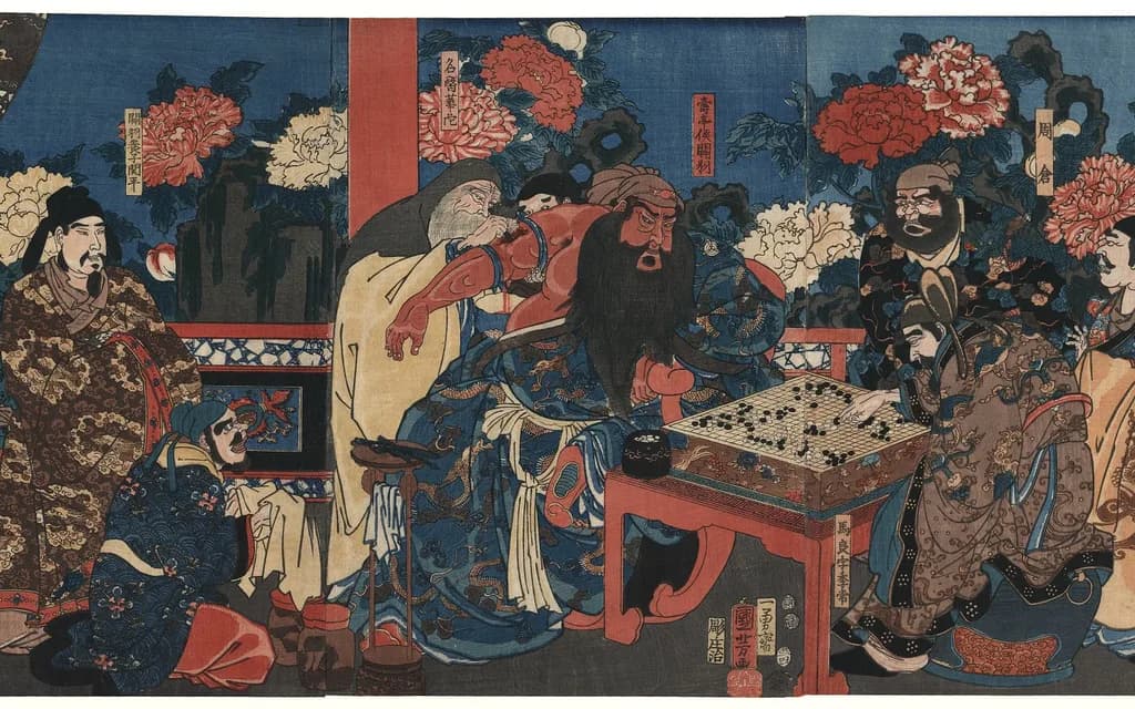 Utagawa Kuniyoshi's 1853 woodblock print of Guan Yu calmly playing Go while the physician Hua Tuo scrapes poison from his arm bone