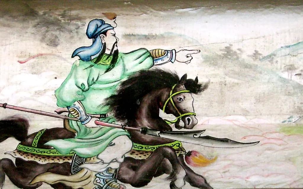 A painted panel on the Long Corridor of the Summer Palace showing Guan Yu riding alone with his glaive across a plain