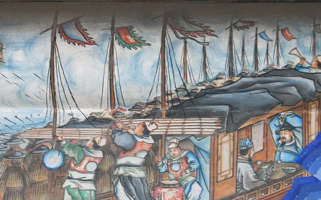 A painted panel on the Long Corridor of the Summer Palace showing Zhuge Liang's straw-laden boats taking arrows in the fog at Red Cliffs