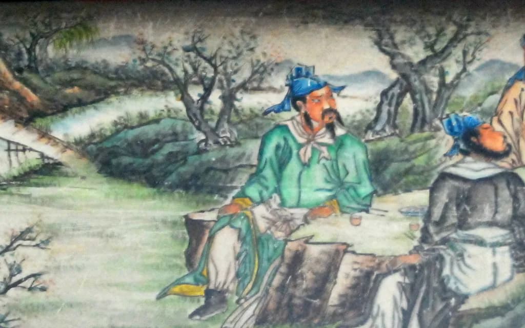 A painted panel on the Long Corridor of the Summer Palace in Beijing showing Liu Bei, Guan Yu and Zhang Fei swearing brotherhood in the peach garden