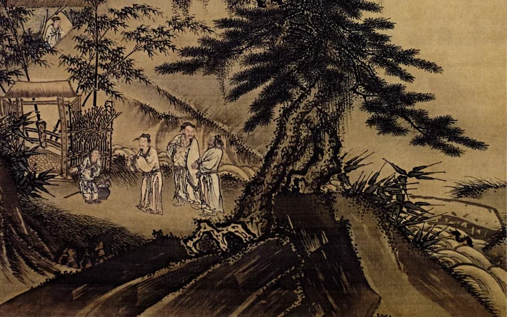Dai Jin's early Ming ink painting of Liu Bei and his brothers arriving at Zhuge Liang's thatched hut, with the recluse visible in a pavilion above