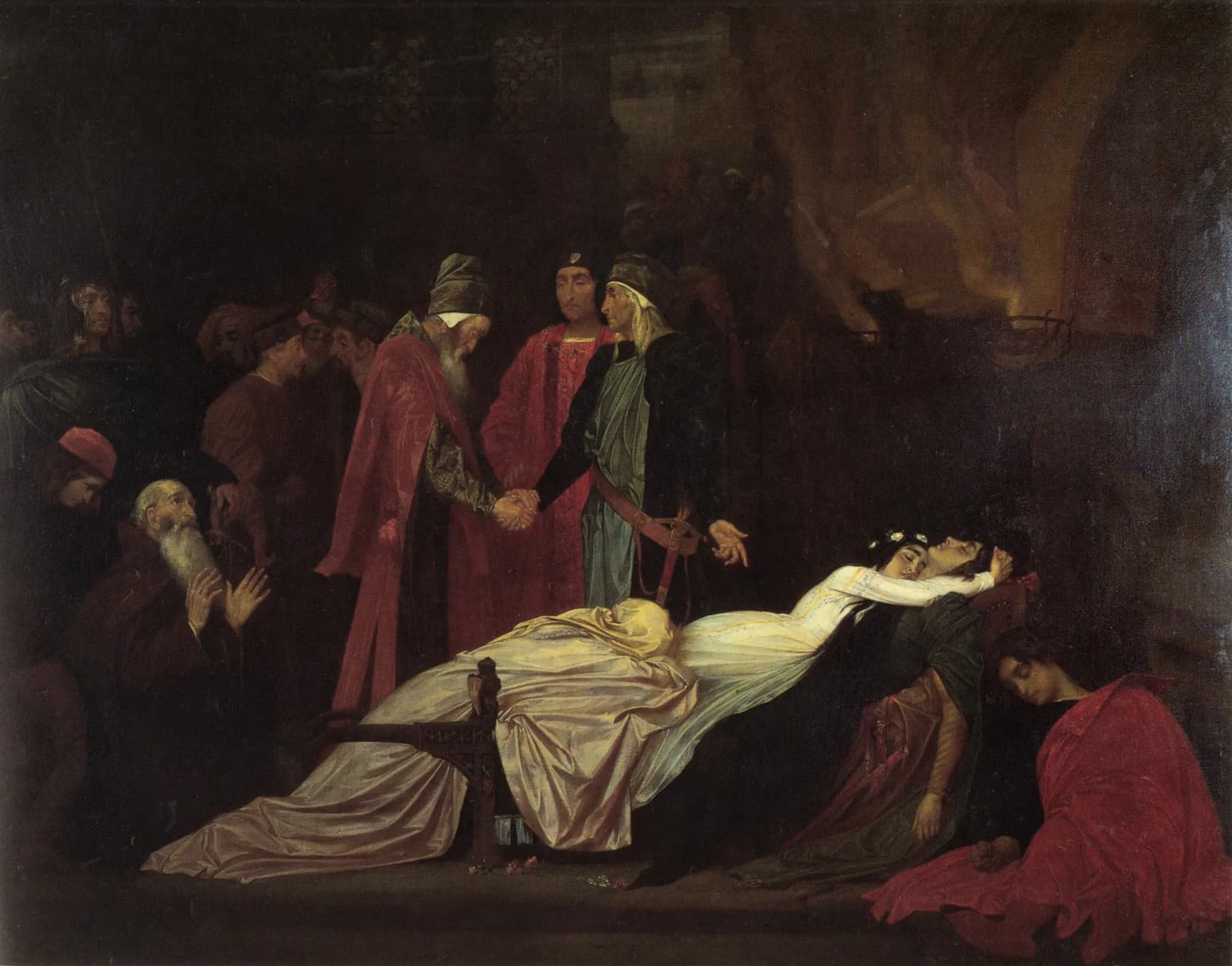 Frederic Leighton's 1855 painting of the reconciliation: two elderly men in red and green robes clasp hands over a draped bier where a man and a woman lie with their heads touching, a robed young man standing between them and mourners crowded at both sides