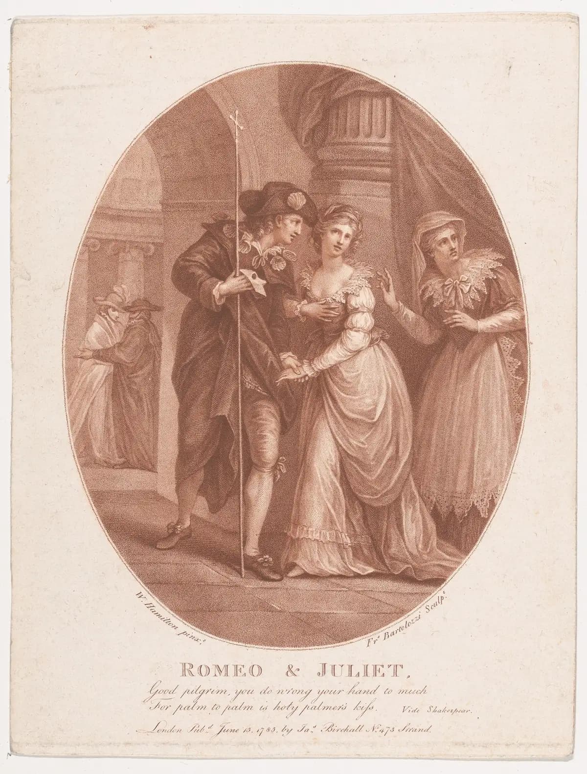 A sepia stipple engraving of the masquerade meeting: a young man in a plumed hat holding a tall pilgrim's staff clasps hands with a young woman in a low-cut gown, a second woman stands at right with one hand raised, and an older cloaked couple talk at left under a colonnade