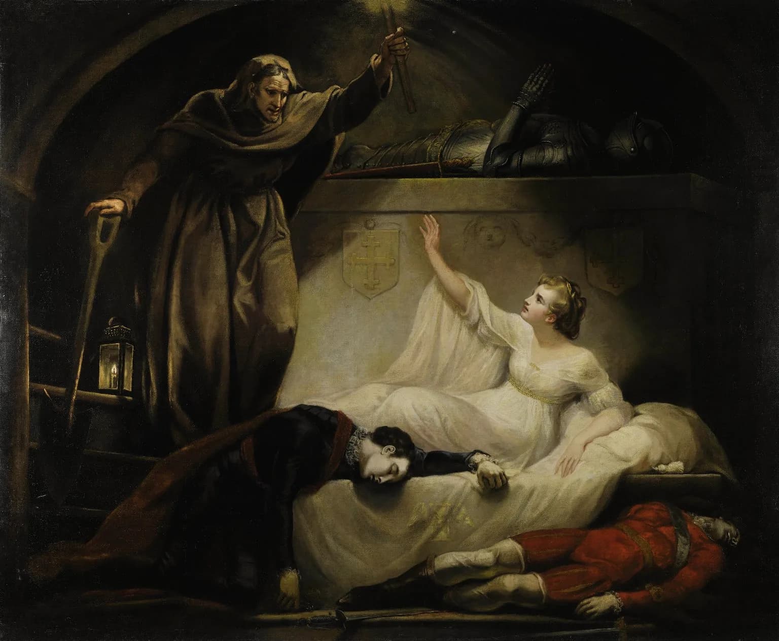 A dark painting of a tomb where a friar holds up a torch as Juliet rises from her bier, while Romeo lies dead across it and Paris lies on the floor below