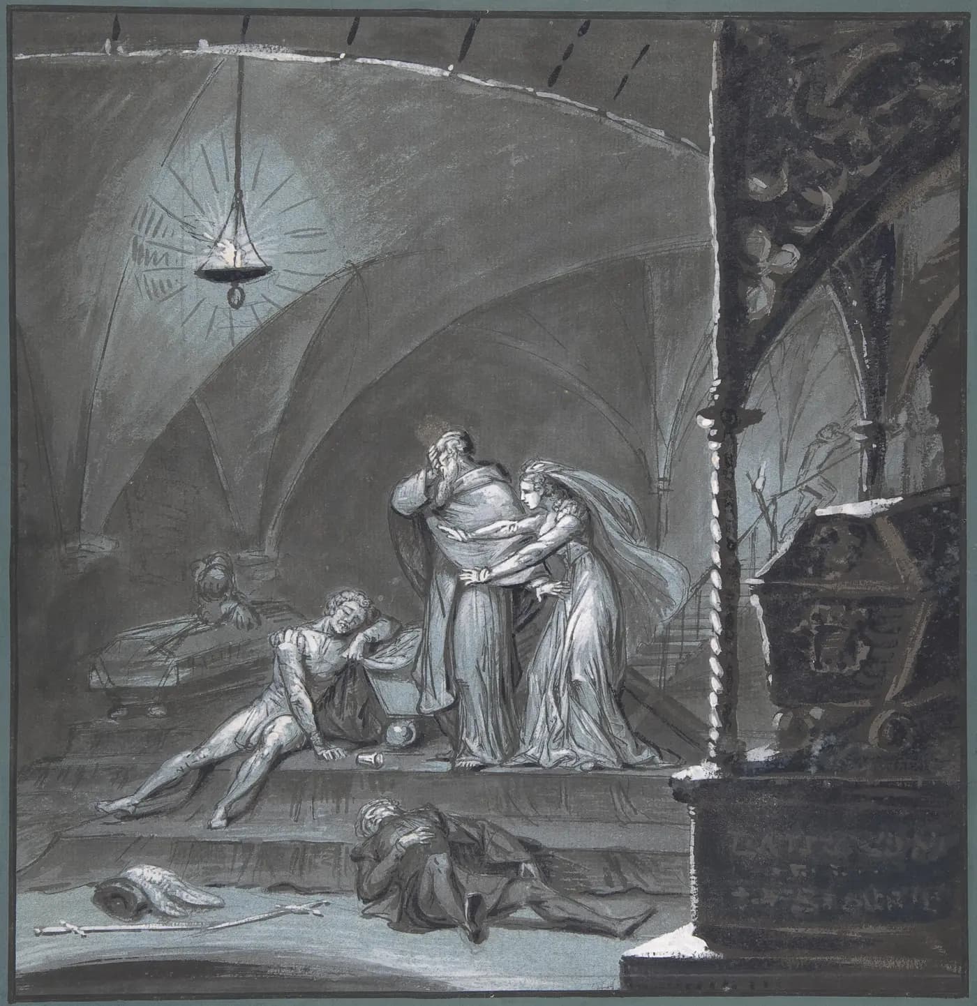 A grey and blue wash drawing of the tomb scene: inside a vaulted stone burial vault, a bearded robed friar presses a hand to his forehead while embracing a veiled woman in a long gown, with one body slumped against a tomb chest and another lying on the steps beside a sword, under a hanging oil lamp
