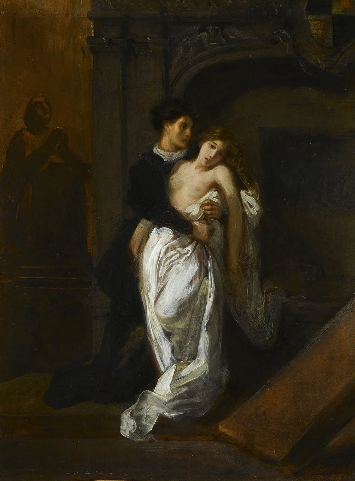 Eugène Delacroix's loosely painted oil sketch of the tomb scene: a man in dark clothing supports a woman in a loose white shift, her head tilted back and hair loose, beside a carved stone tomb monument with a diagonal slab crossing the foreground