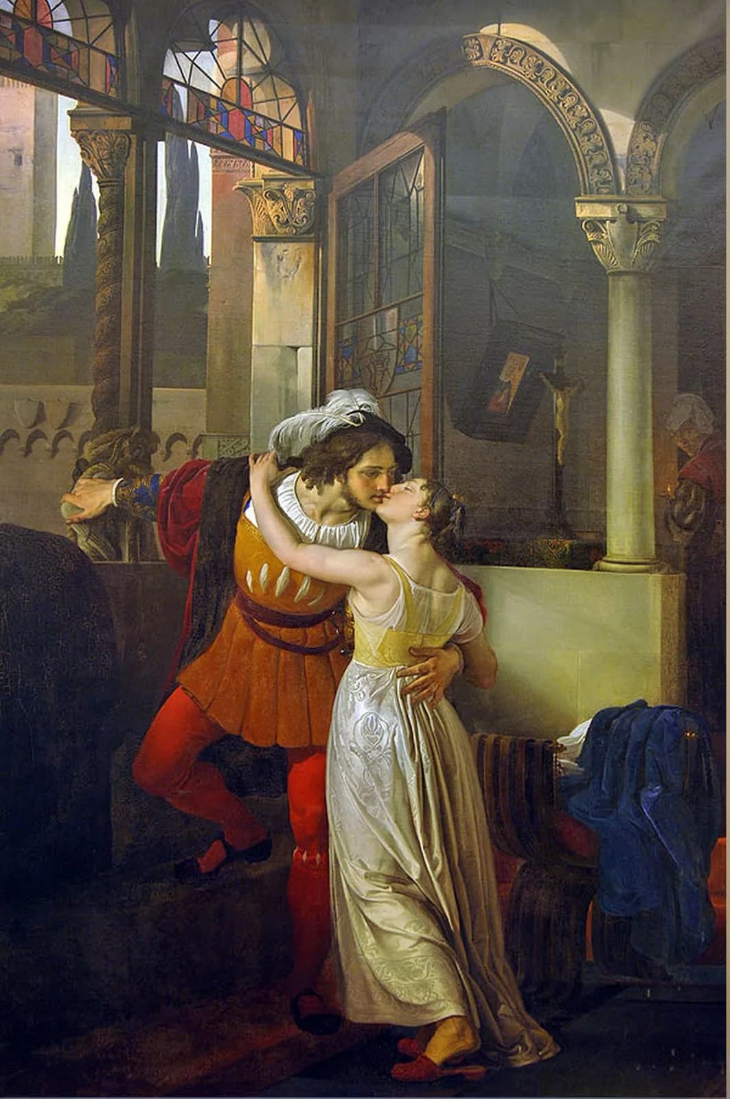 Francesco Hayez's 1823 painting The Last Kiss of Romeo and Juliet: a man in an orange doublet and red hose braces one foot on a stone step and kisses a woman in a pale satin gown, in a Gothic interior with a stained-glass window and two onlookers at the edges