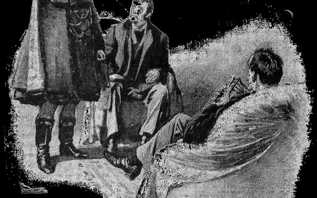 Sidney Paget's 1891 Strand Magazine illustration for A Scandal in Bohemia, with a masked client standing over Holmes and Watson