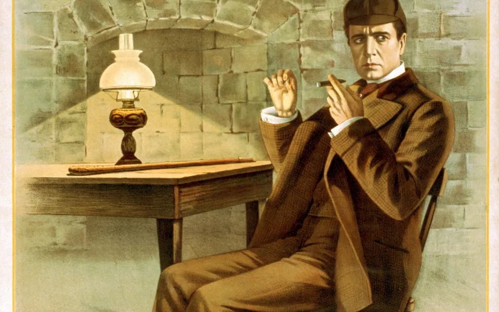 A 1900 lithographed poster of William Gillette seated beside an oil lamp as Sherlock Holmes, fingertips together